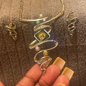 Bundled Multicolored Silver Gem Stoned necklace & Earring Set